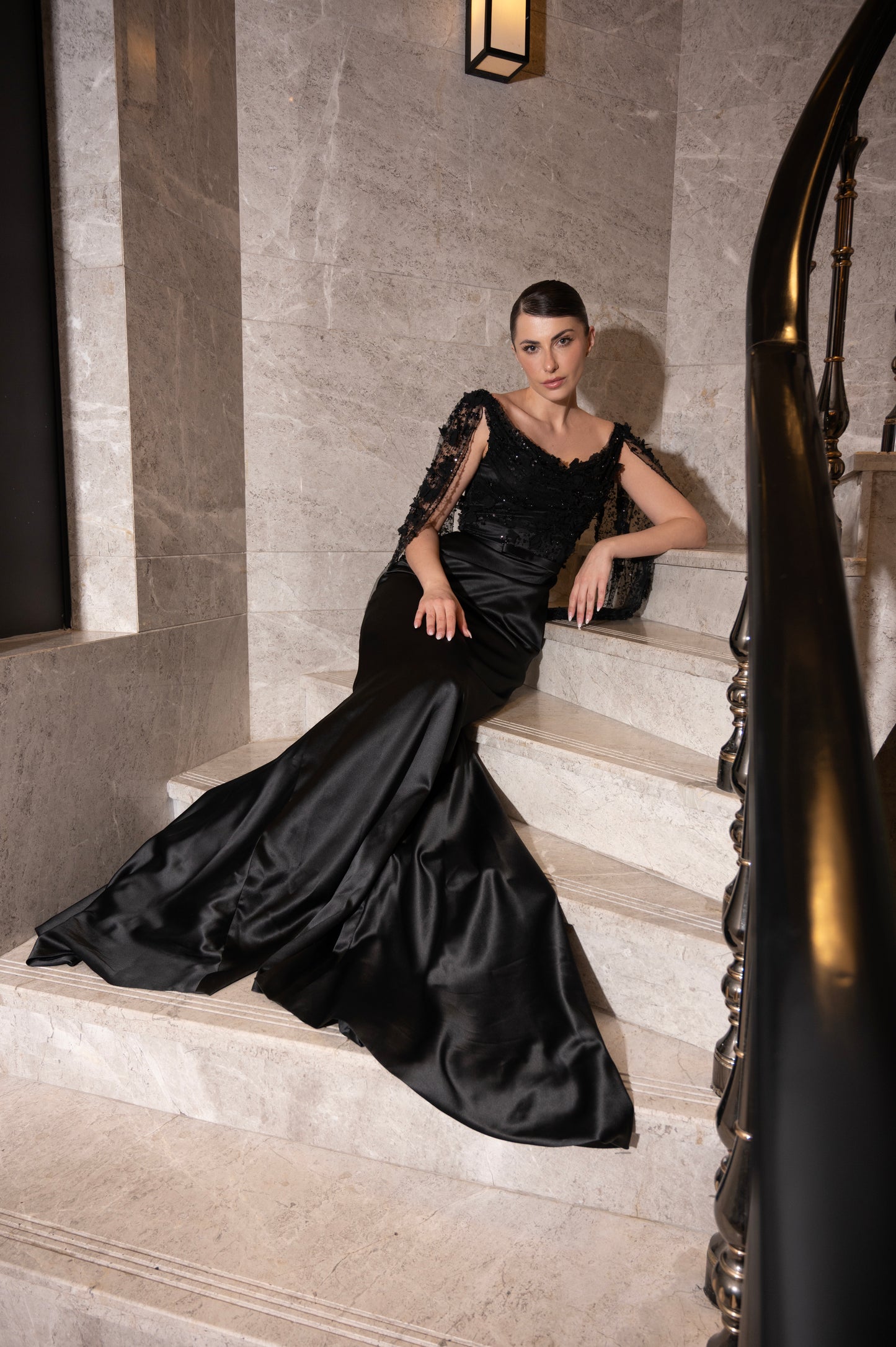 Black Sequin Embroidered Long Dress