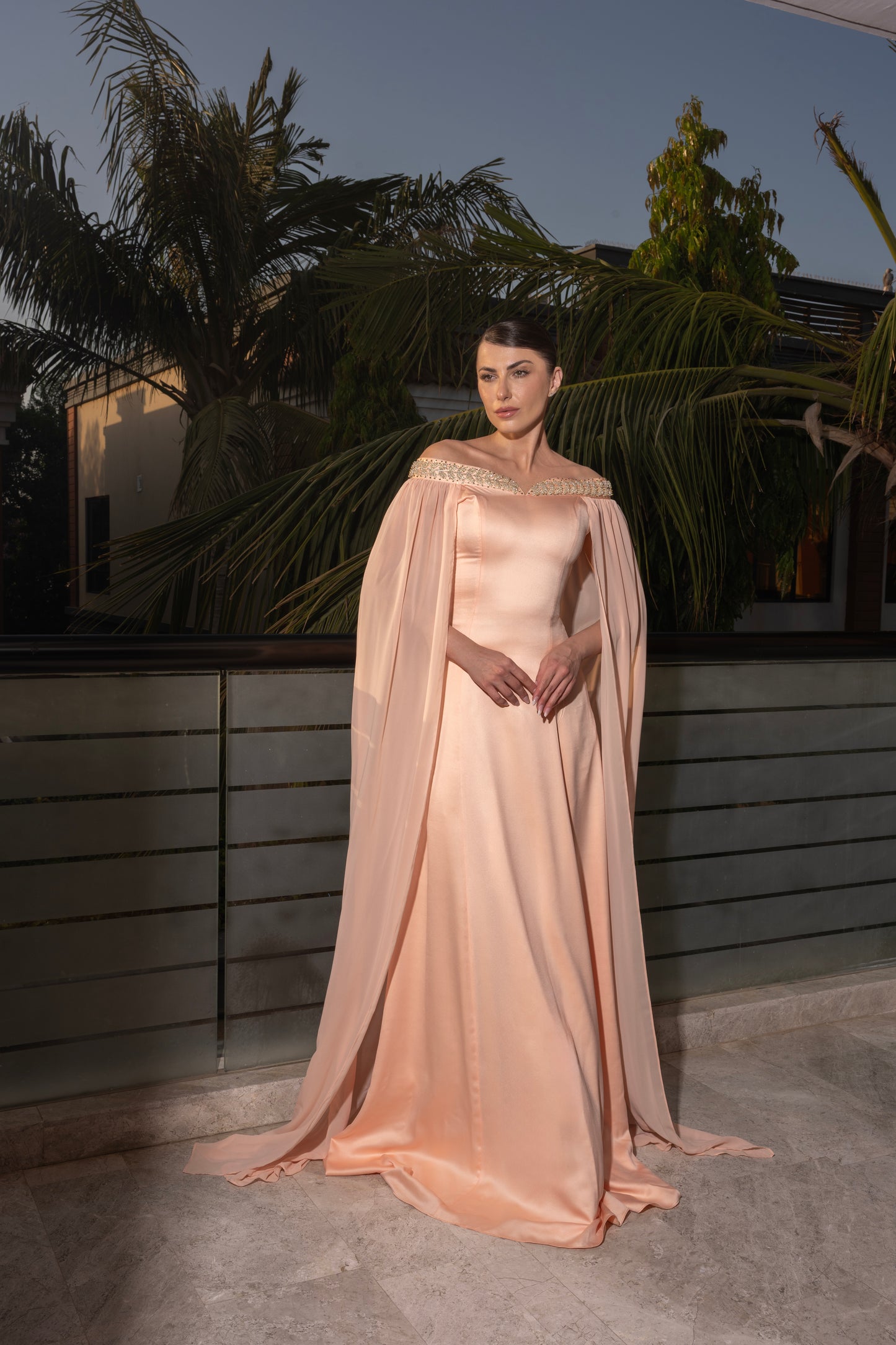 Off-Shoulder Silk Long Dress with  Crystals